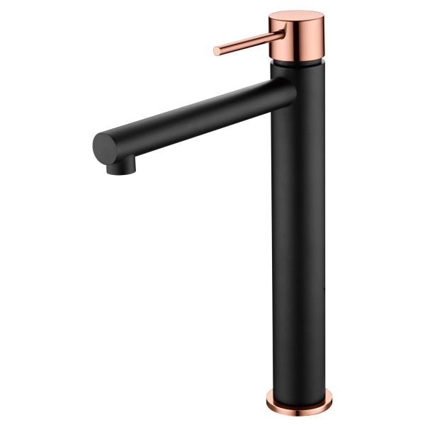 Monomando lavabo cao alto MILOS STICK Negro Mate y Oro Rosa IMEX BDYS045-3NOR, 