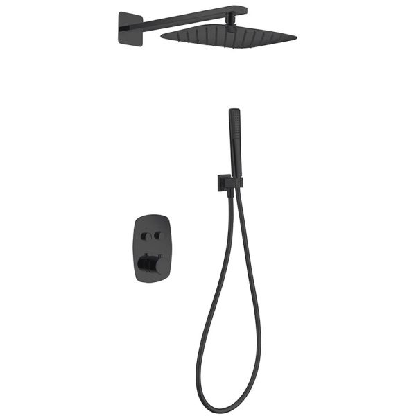 Conjunto de ducha termosttica empotrar HIDRA 2 vas con rociador ovalado 20x30cm Negro Mate IMEX, 
