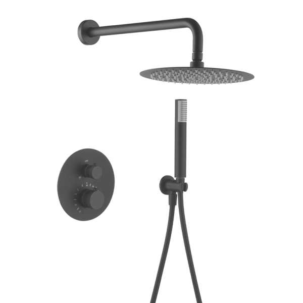 Conjunto termostatico empotrar LINE 2 salidas rociador redondo 250mm Negro Mate IMEX GTD038/NG, 