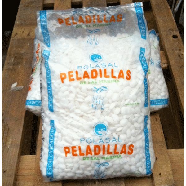 SACO DE SAL EN PELADILLAS DE 25 Kg PARA DESCALCIFICADORES SANTAPOLA, PERLAS Recomendado ECNMC PISCINA ELECTROLISIS SALINA ablandador de cal anti sal maquinas para descalcificar descalcificadoras Descalsificadores Descalsificadoras