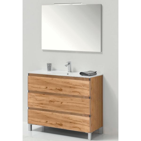 Conjunto Completo BEVERLY 80 3C con patas (mueble, lavabo, espejo y aplique) Mojave VALMAN, tres cajones