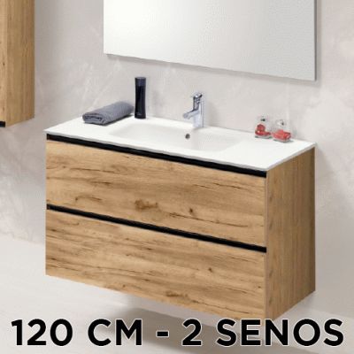 Conjunto RIVER de 1200 (mueble+lavabo dos senos) tiradores negros Roble Rstico acabado A3 VALMAN, 120 CM MM 2 cajones suspendido