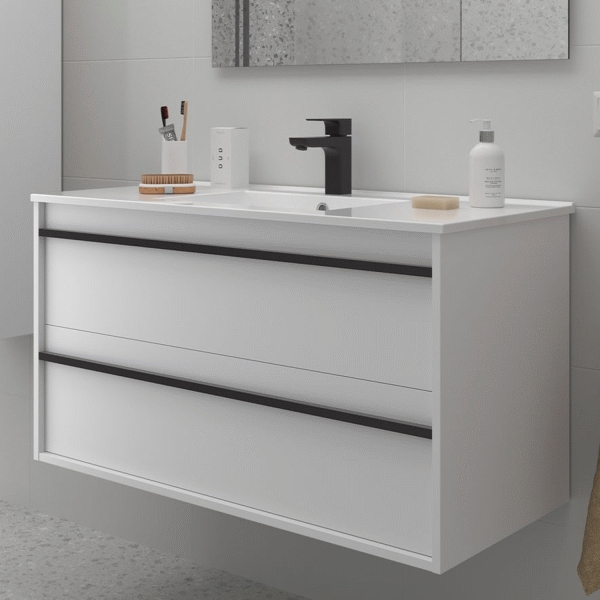 Conjunto ATTILA 2C 1000mm (mueble + lavabo de porcelana)  White satin SALGAR 104823, 2 cajones 100 cm y blanco satinado