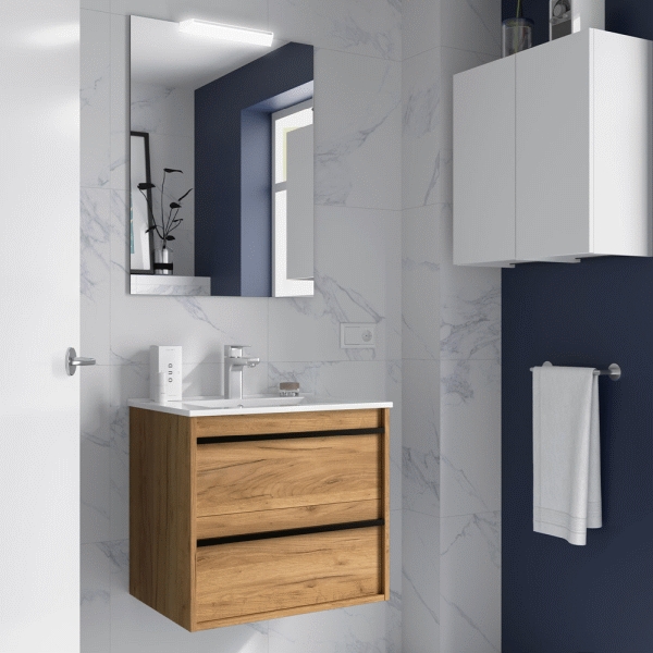 Conjunto comp. ATTILA 700 2C (mueble+encimera+lavabo sobre enc.+espejo+aplique) Roble africa SALGAR, 70 cm suspendido completo sobre encimera