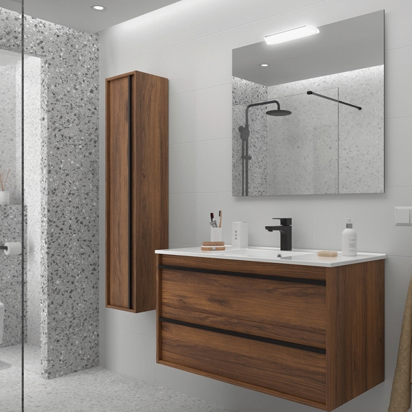 Conjunto completo ATTILA 2C 1000mm (mueble+lavabo+espejo+aplquie) Nogal maya SALGAR 104921, 