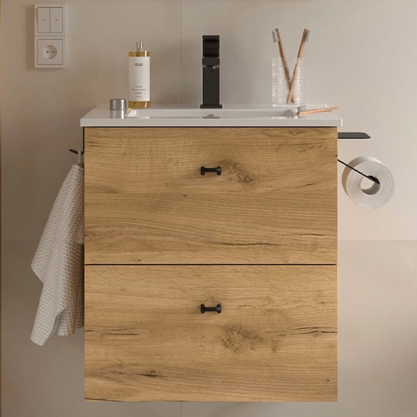 Mueble de bao INARA 500, fondo reducido, 2 cajones ROBLE AFRICA+Lavabo look SALGAR 113675, 