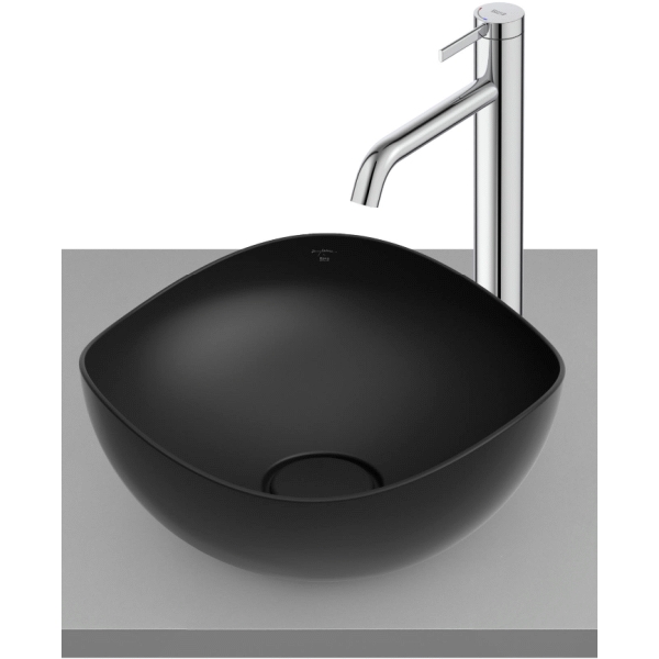 Lavabo de finceramic OHTAKE 380 x 375 x 175mm sobre encimera NEGRO MATE ROCA A327A15080, 