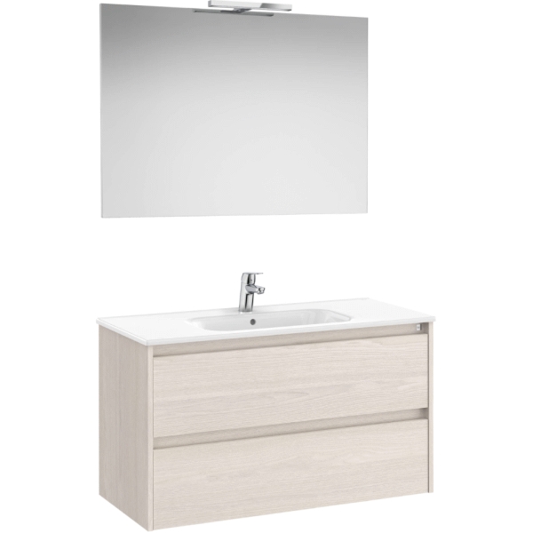 Conjunto completo 2C TENET 1000 (mueble+lavabo+esp.+apli) Fresno Nordico ROCA A851788434, 2c dos cajones 100 1000 cm mm suspendido mueble lavabo espejo aplique