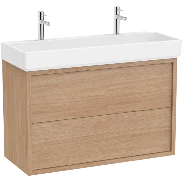 Pack TURA 1000x430x600mm 2C (mueble+lavabo con dos orificios) color Olmo claro ROCA A852036565, 100 1000 cm mm suspendido dos cajones 2 suspendido