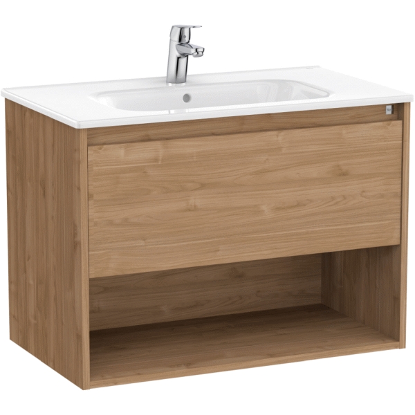 Conjunto UNIK 1C 1 estante abierto TENOR 800 (mueble + lavabo) Nogal ROCA A852080517, 1 cajon con hueco 80 cm 800 mm