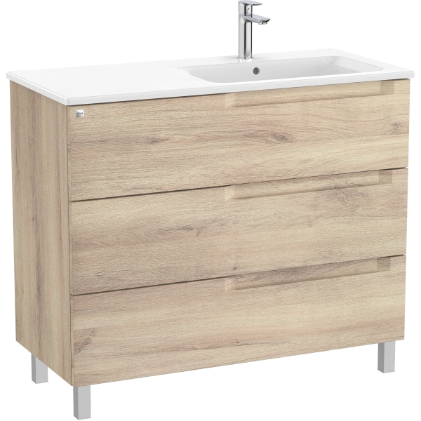 Pack Unik ALEYDA 1000 3C  (mueble + lavabo a la derecha) Beige Madera A851826524 ROCA, tres cajones 3