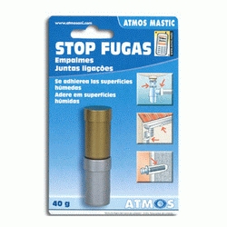 MASTIC STOP FUGAS ENVASE DE 40 GRAMOS ATMOS, para las fugas de agua, conexin de Tuberias de dimetros y materiales diferentes... conviene para todo tipo de materiales*. Maleable como la masilla, se endurece como el acero. Se endurece bajo el agua. Existe en 40 g y 80 g Existe en 200 g y 440 g