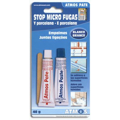 STOP MICRO FUGAS PORCELANA PATE ENVASE DE 40 GRAMOS ATMOS, Pasta se utiliza para las fugas de agua microscpicas, fisuras finas, esmalte desconchado, porosidades. Soldadura en fro, pega y obtura todo tipo de materiales*. Se adhiere en medio hmedo