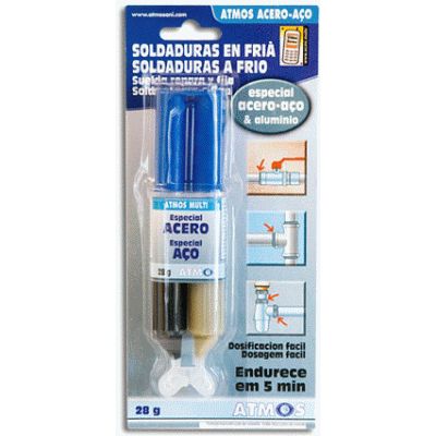 EXPRESS SOLDADURA EN FRIO ESPECIAL ACERO ENVASE DE 28 GRAMOS ATMOS, Une, tapa y repara todas las Tuberias de acero. Se adhiere a todos los materiales, acero, aluminio, galvanizado, salvo polipropileno y polietileno POLITILENO