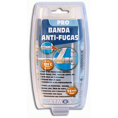 BANDA ANTI-FUGAS ATMOS, ideal para reparar brechas, fisuras, orificios. Se adhiere a todo tipo de materiales para aplicaciones variadas: fontanera, canalizaciones, piscina, spa, construccin, jardinera. ANTI-FUGAS anti - fugas