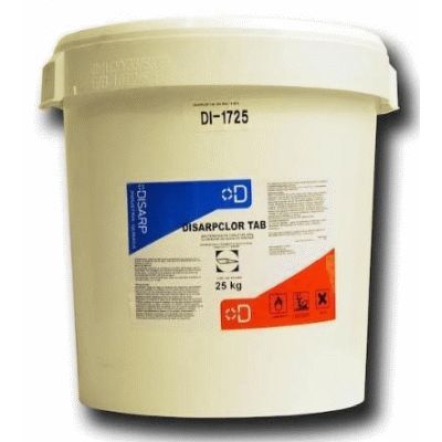 BOTE TRICLORO DE 25 Kg EN TABLETAS DE 200 Gr BACTERICIDA ALGICIDA Y FLOCULANTE DISARP CLOR TA DISARP, TRIPLE ACCION KILOS PISCINA Recomendado ECNMC PARA LA LIMPIEZA DE AGUA DE LAS PISCINAS