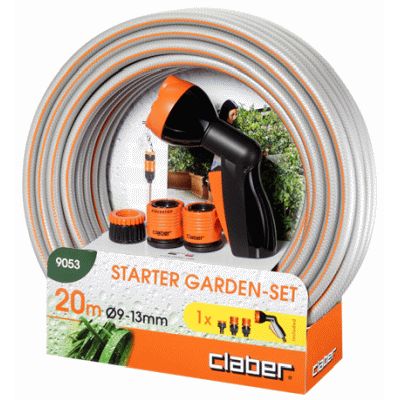 STARTER GARDEN-SET (20 m DE MANGUERA+CONEXION GRIFO+2 CONECTORES Y PISTOLA MULTIFUNCION CLABER, PARA RIEGO JARDIN JARDINERIA SUPER-EGO EQUIPO CONJUNTO REF. D90530000 llaves Corte Portamangueras Porta-mangueras Porta Mangueras