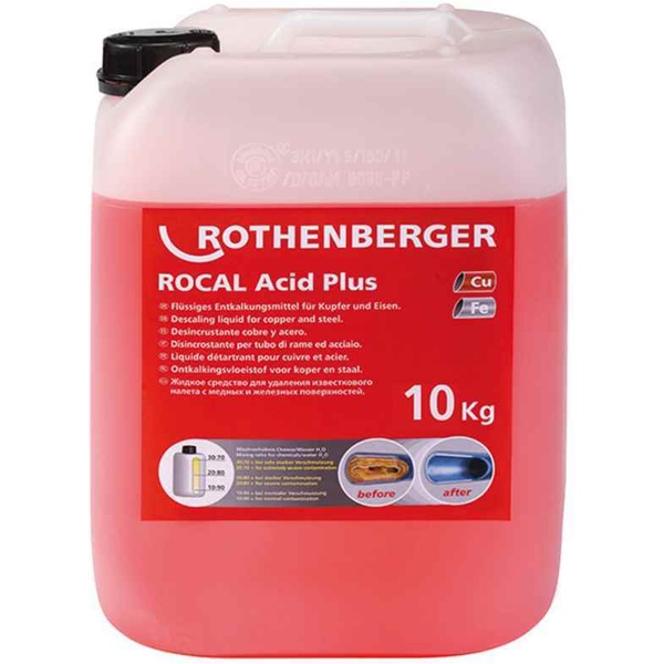 ENVASE DE 10 Kg. DE DESINCRUSTANTE  ROCAL ACID PLUS (NO PARA TUBERIAS SANITARIAS) REF.61105 ROTHENBE, RECIPIENTE GARRAFA BOTE BOTELLA PARA DESINCRUSTACIO DE CAL SUPEREGO SUPER EGO PARA COBRE Y ACERO