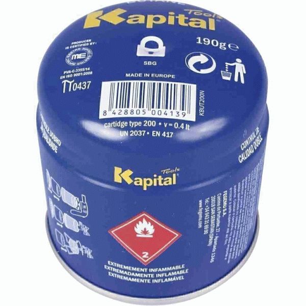Cartucho Gas Butano 190g Limitador Interno Fugas KAPITAL KBUT200N, 